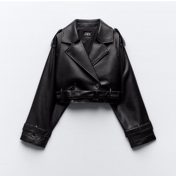 ZARA BLACK OVERSIZED CROPPED FAUX LEATHER TRENCH - Picture 3 of 5
